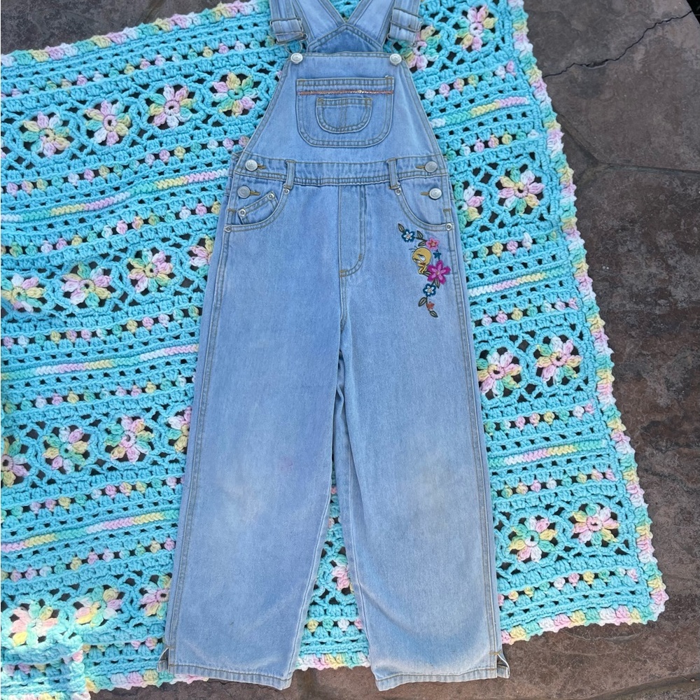 Vintage kids tweety bird looney tunes Warner Bros Denim Overalls embroidered